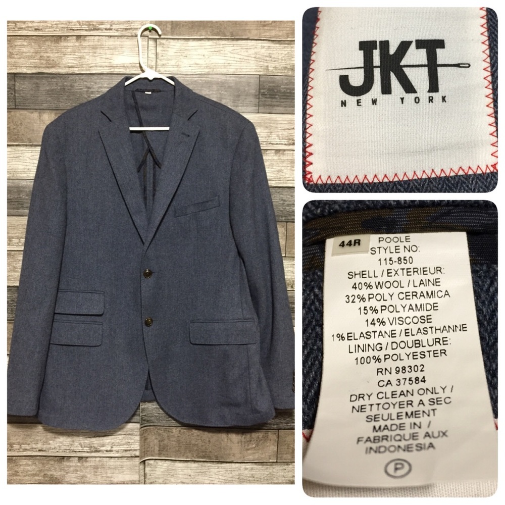 JKT New York Herringbone Wool Blend Blazer Men’s 44R Blue 2 Button
